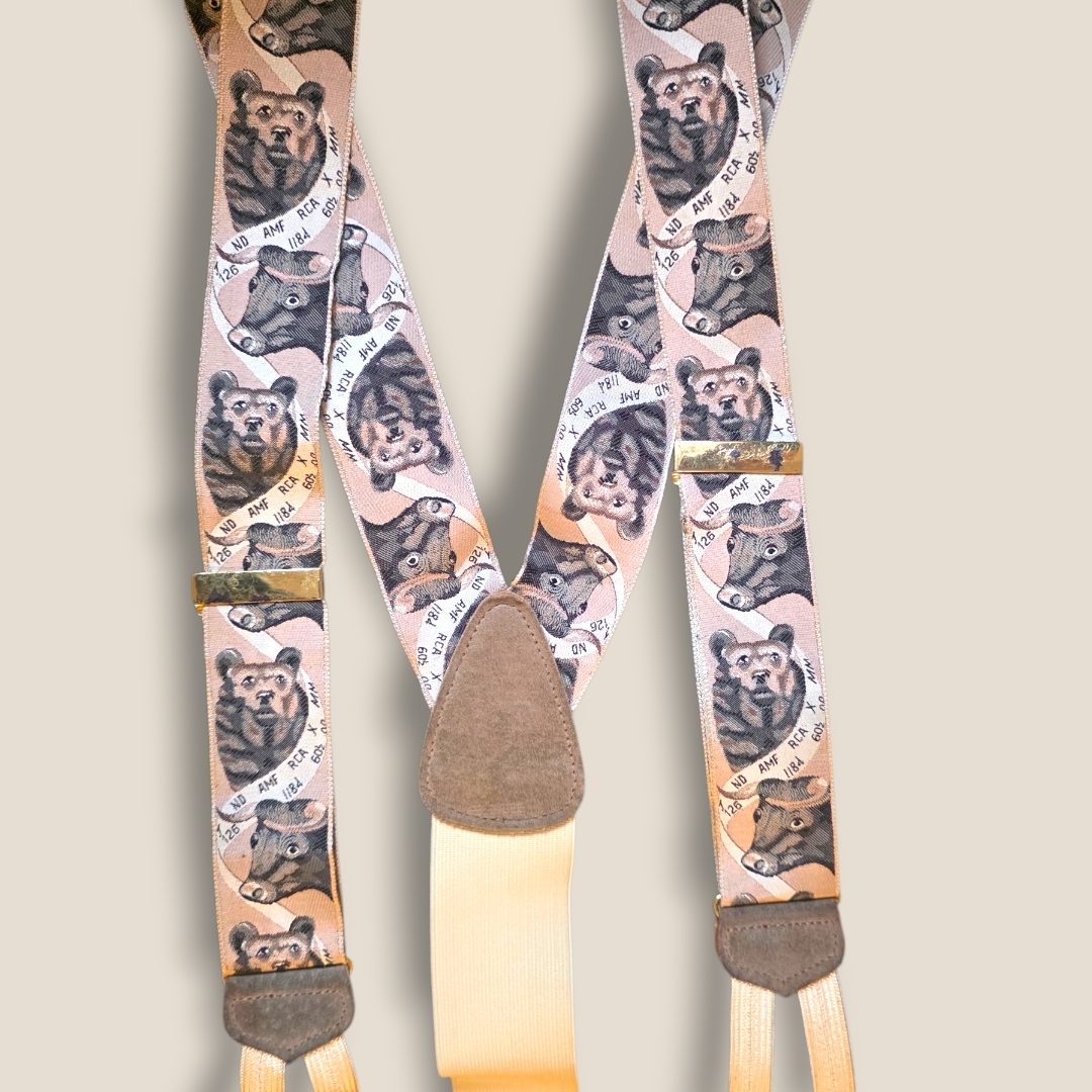 Trafalgar Beige Elastic Suspenders With Brown Leather Accents